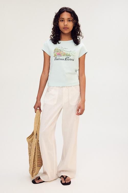 Print-motif cotton T-shirt - light turquoise
