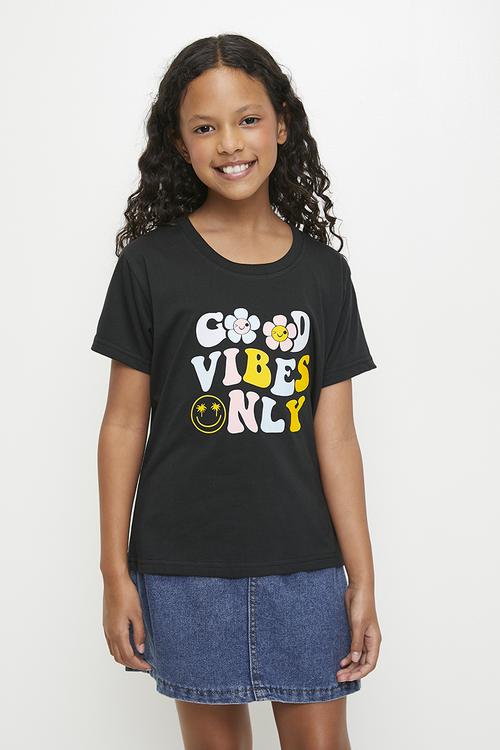Slogan print crew neck tee - black/good vibes only