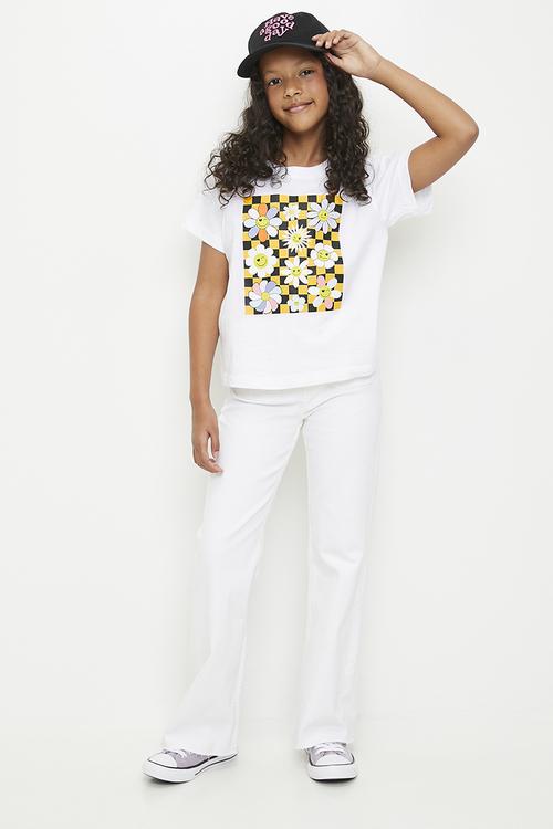 Retro floral all-over print tee - white/yellow checkerboard