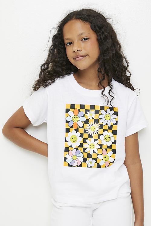 Retro floral all-over print tee - white/yellow checkerboard