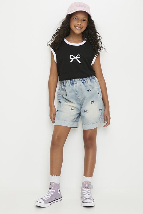 Embroidered bow turn up shorts - light blue