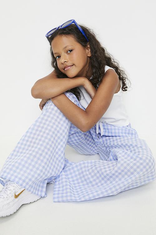 Wide waistband pants with slanted inset pockets - blue gingham