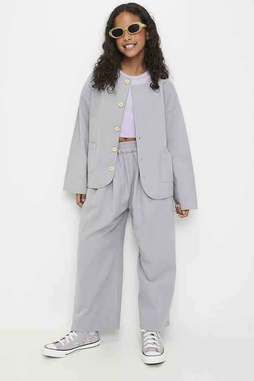 Curved hem button down co-ord top - grey