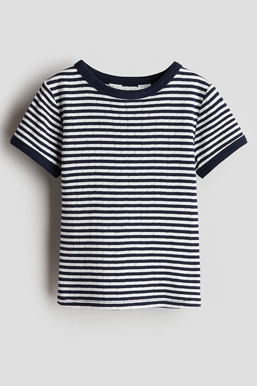 Short-sleeved pointelle jersey top - navy blue/striped 