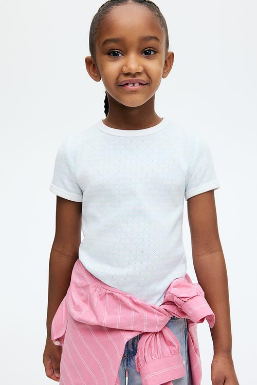 Short-sleeved pointelle jersey top -light blue/striped 