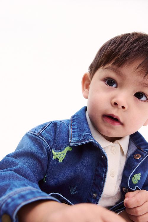 Embroidery-detail denim shacket - denim blue/dinosaurs