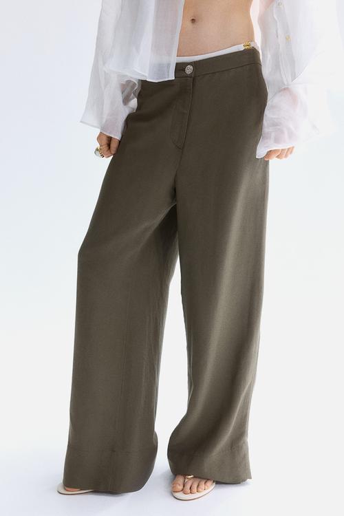 Linen-blend trousers - dark khaki green