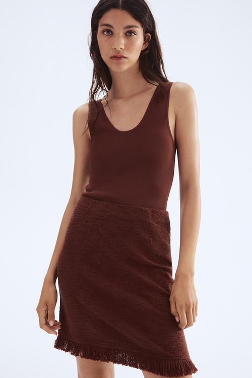Fringed bouclé skirt - brown