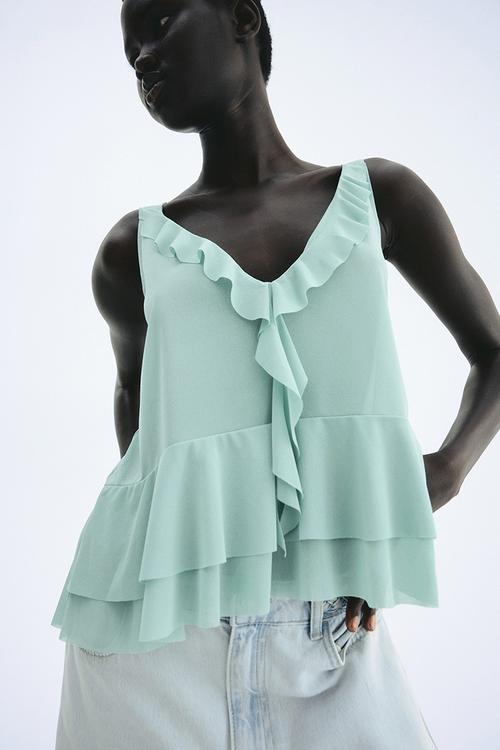Flounced vest top - light turquoise