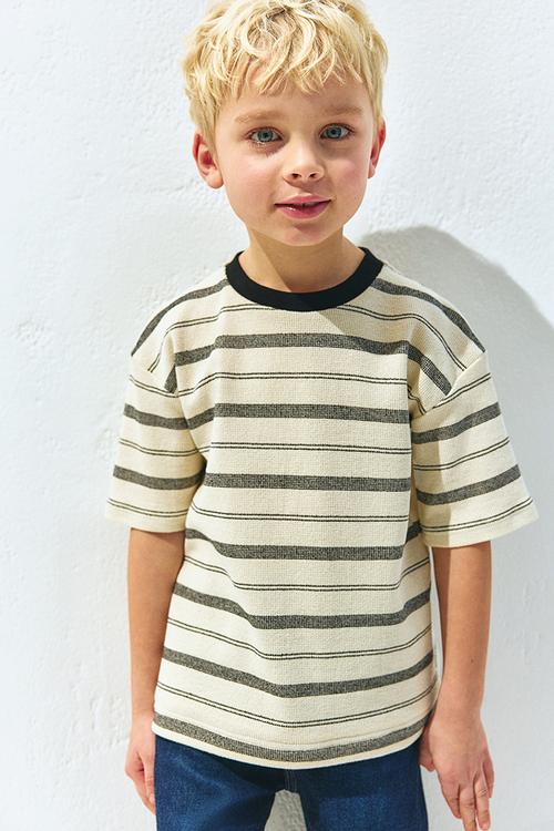 Loose-fit jacquard T-shirt - light yellow/striped