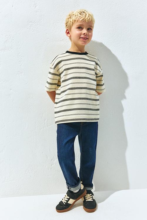 Loose-fit jacquard T-shirt - light yellow/striped