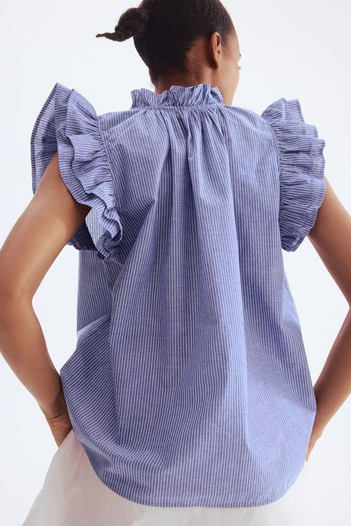 Frill-trimmed blouse - blue/striped