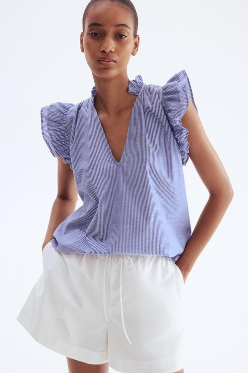 Frill-trimmed blouse - blue/striped