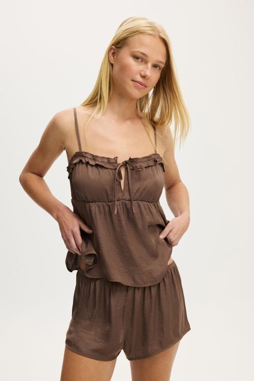 Washed Satin Ruffle Cami Set - Deep Taupe