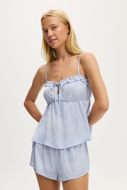 Washed Satin Ruffle Cami Set - Violet Blue Lisa Micro Spot