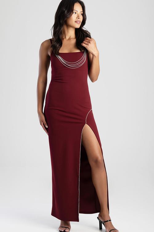 Bold Statement Maxi Dress With A Straight Neckline And Curved Slit With Diamante Trim - Burgundy