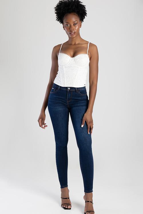 Mid Waist Skinny With Full Pocket Embroidery  - Dark Vintage