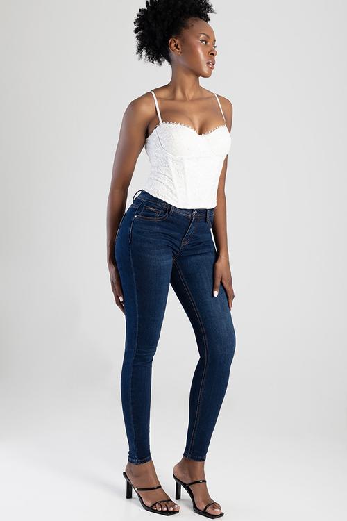 Mid Waist Skinny With Full Pocket Embroidery  - Dark Vintage
