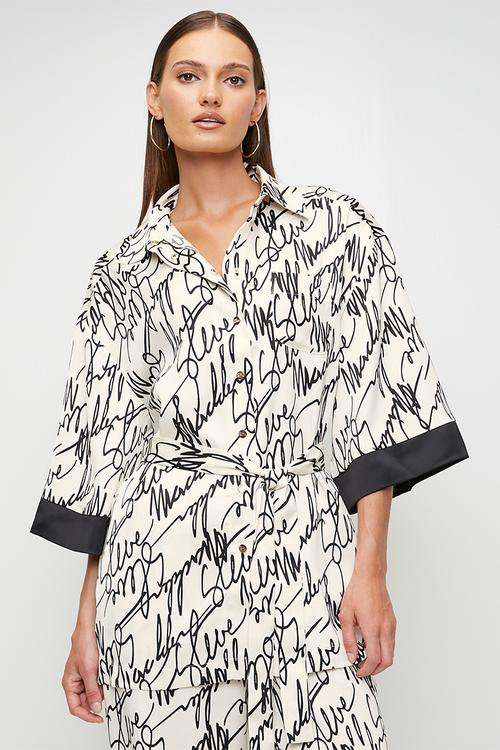 Ladies nyla kimono shirt with belt - white