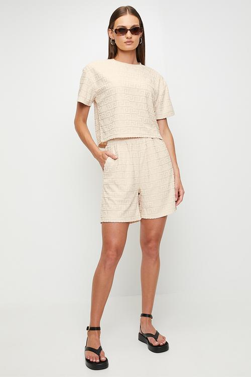 Ladies bella embossed logo jogger shorts - stone