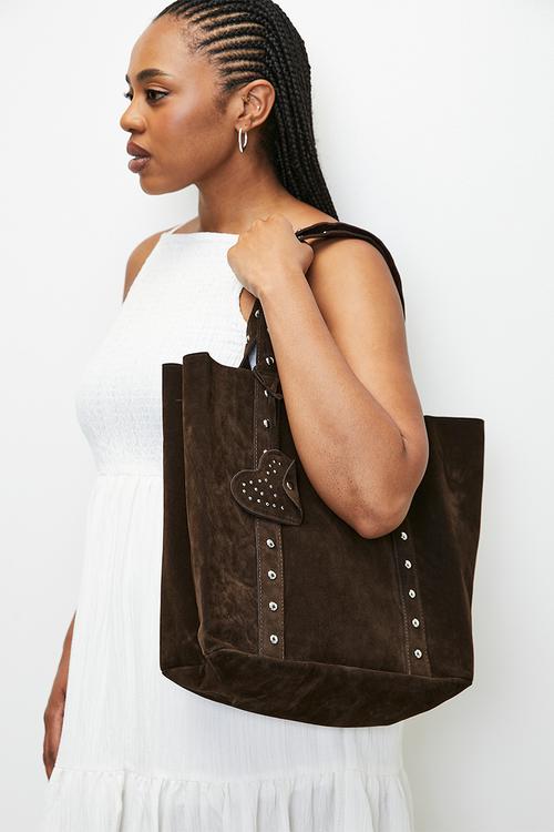 June soft tote bag with stud detail and heart bag charm- brown