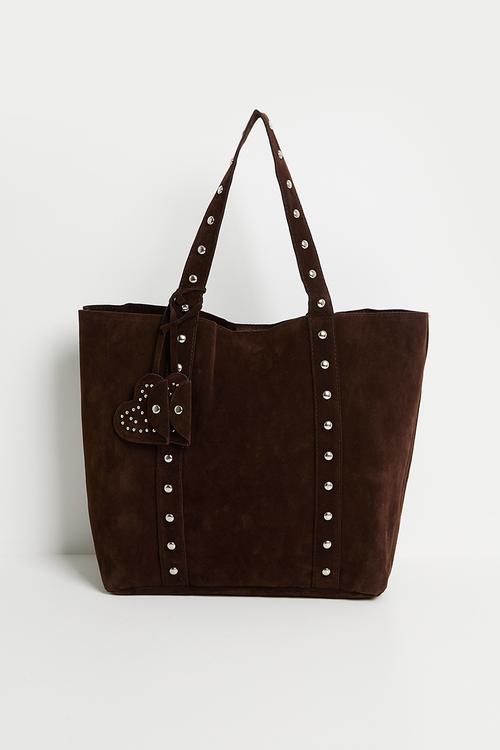 June soft tote bag with stud detail and heart bag charm- brown