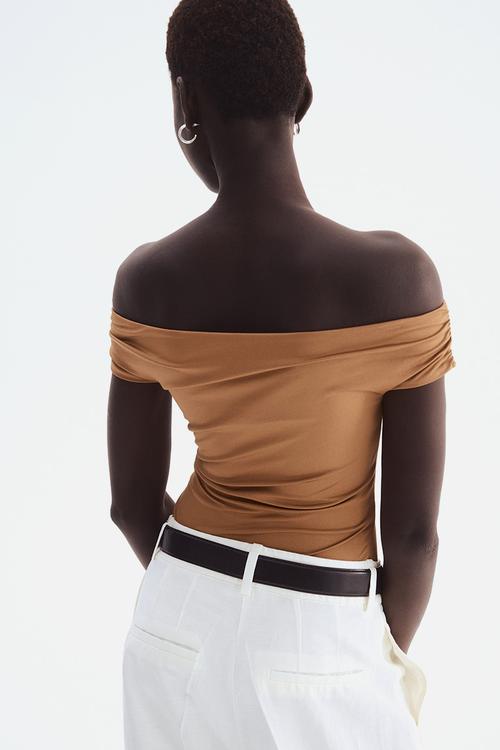 Draped off-the-shoulder top - light brown
