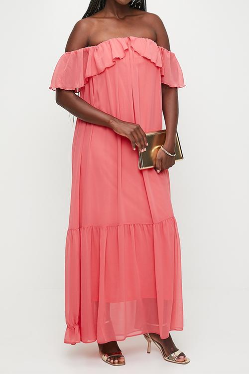 Ruffle bardot trapeze maxi dress -hot pink