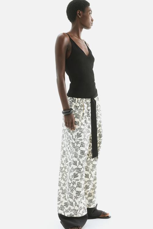 Wide tie-belt trousers - cream/floral 
