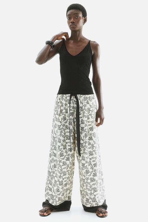 Wide tie-belt trousers - cream/floral 