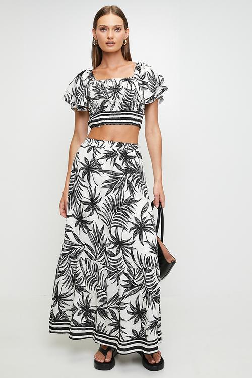 Cap Sleeve Crop Top With Pull On Maxi Skirt Set - Black/ White