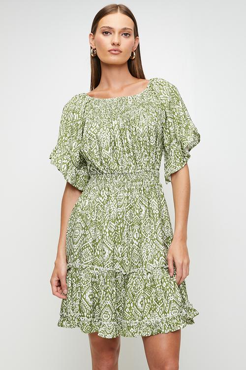 Smocked Bardot 1/2 Flutter Sleeve Mini Dress - Pistachio
