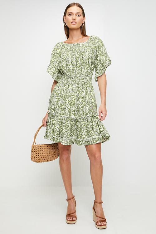 Smocked Bardot 1/2 Flutter Sleeve Mini Dress - Pistachio