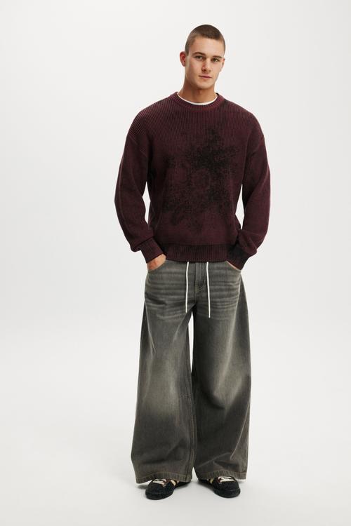 Y2K Box Fit Crew Knit - Burgundy Spray