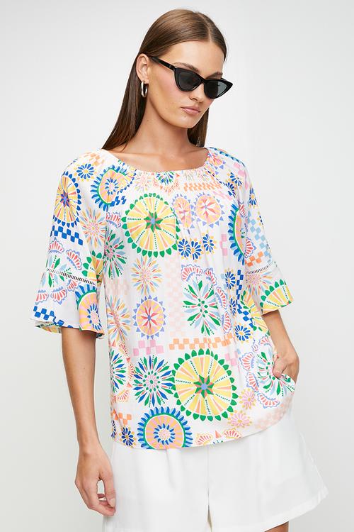 Half Sleeve With Flutter Curved Hem Tee - Multi White