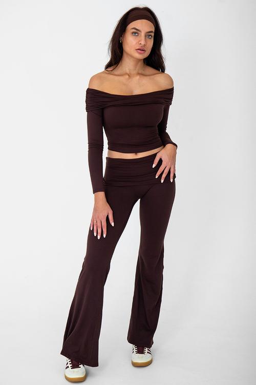 Latte lounge long sleeve drape top - espresso brown