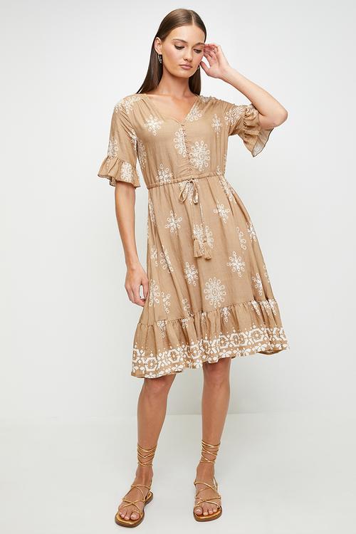 Half Sleeve With Flutter On Sleeve And Hem V-Neck With Buttons And Waist Tie Oversized Dress - Fawn