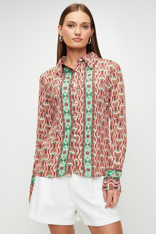L/S Printed Button Through Shirt With Border Print Detail - Pink