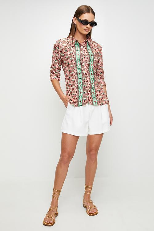 L/S Printed Button Through Shirt With Border Print Detail - Pink