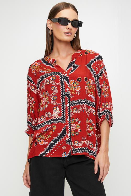 Easy Wearing Batwing 1/2 Sleeve Blouse - Multi Red