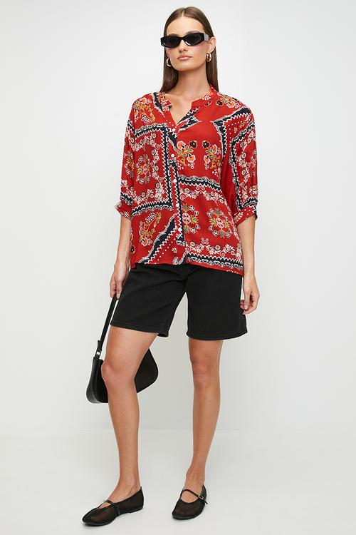 Easy Wearing Batwing 1/2 Sleeve Blouse - Multi Red