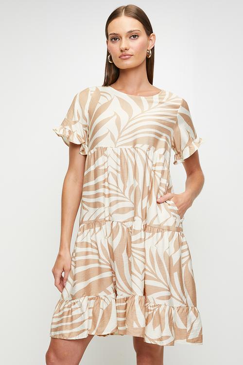 Half Sleeve With Flutter On Sleeve And Hem Tiered Midi Dress - Rosewood