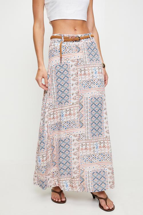 A-Line Easy Wearing Patchwork Maxi Skirt With Faux Leather Belt - Rosewood