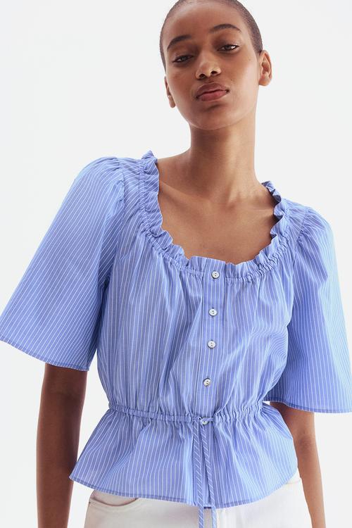 Frill-trimmed cotton blouse - light blue striped
