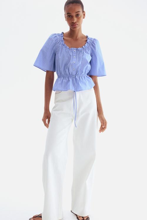 Frill-trimmed cotton blouse - light blue striped