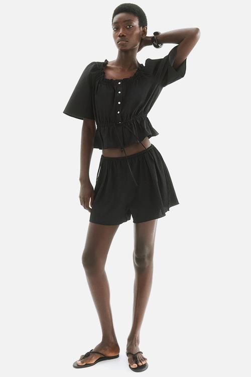Frill-trimmed cotton blouse - black