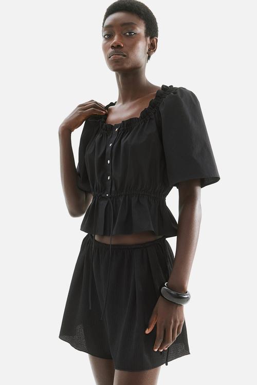 Frill-trimmed cotton blouse - black