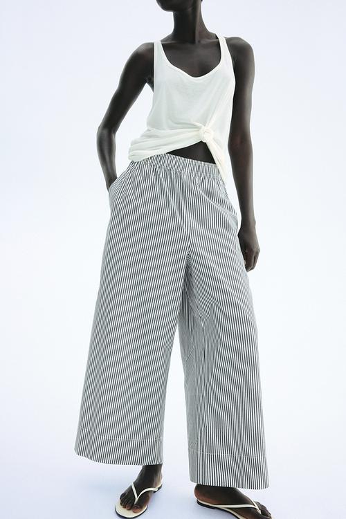 Ankle-length cotton trousers - dark grey striped