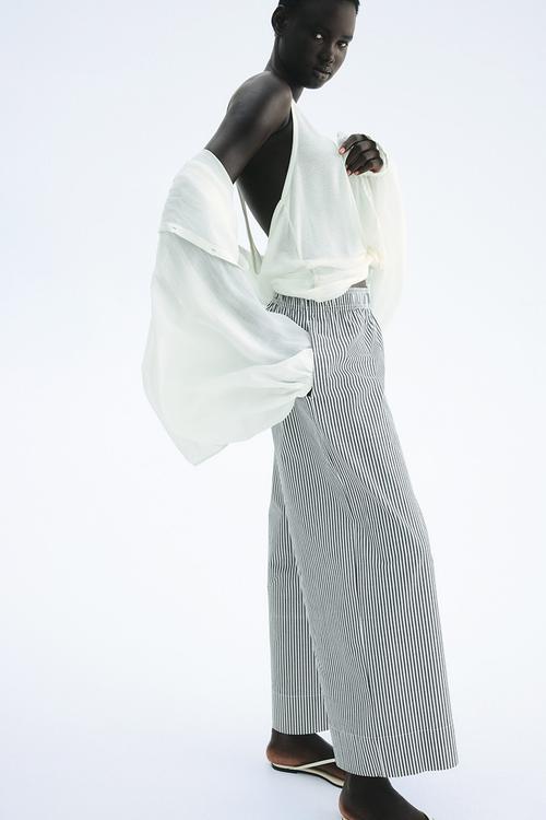 Ankle-length cotton trousers - dark grey striped