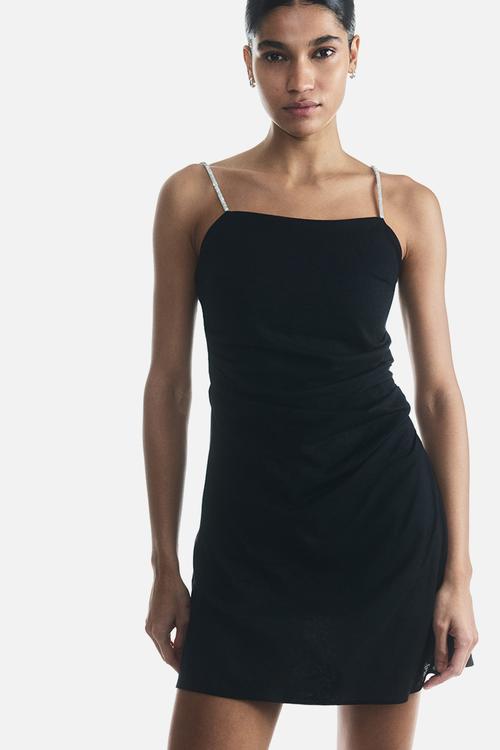 Linen-blend rhinestone-strap dress - black
